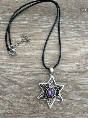 Silver Star Pendant Necklace with amethyst ,Black leather Cord
